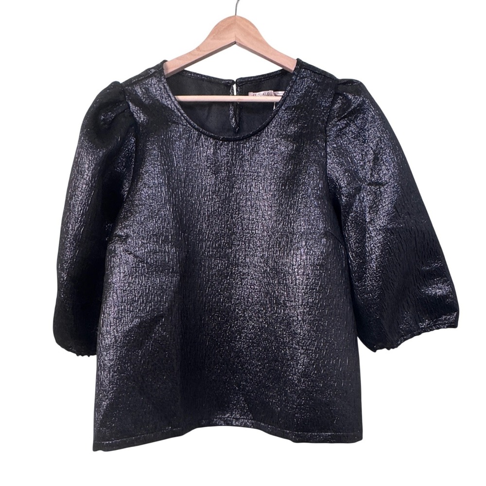 Esqualo Black Metallic Puff Sleeve Blouse Top Holiday Party Event Size 14 NEW